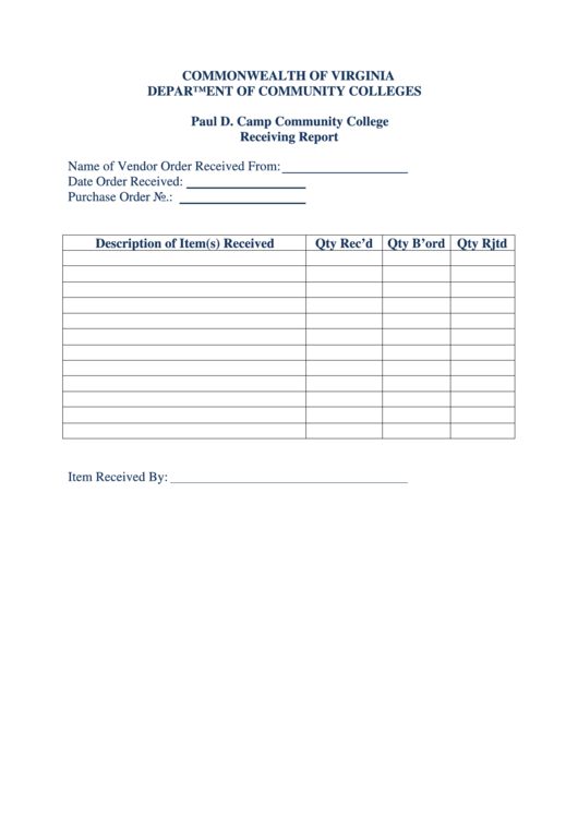 Commonwealth Of Virginia Department Of Community Colleges - Receiving Report Printable pdf