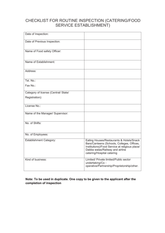 Checklist For Routine Inspection (Catering/food) Printable pdf