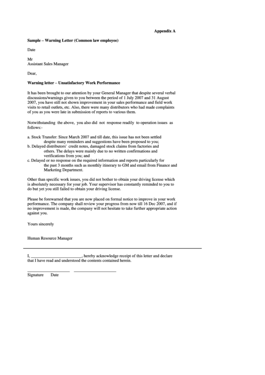 Sample - Warning Letter (Common Law Employee) Printable pdf