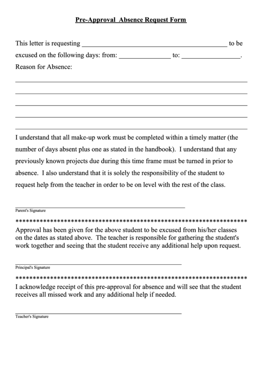 Pre-Approval Absence Request Form Printable pdf