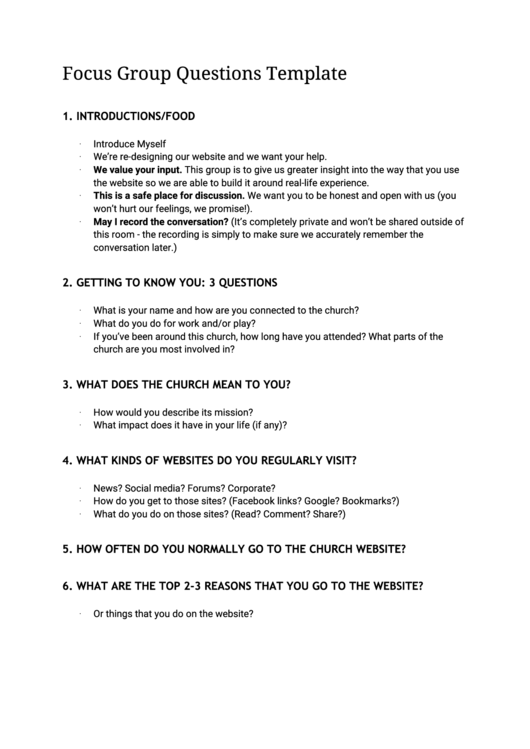 Focus Group Questions Template Printable Pdf Download
