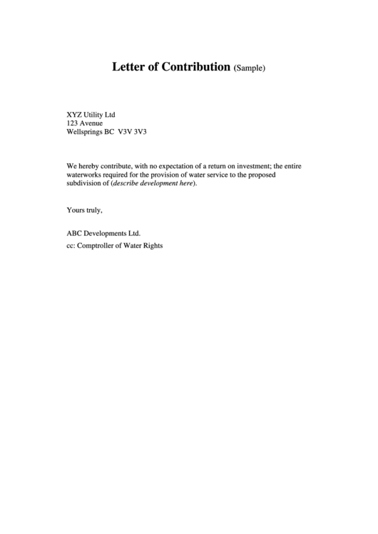 Letter Of Contribution Sample Printable Pdf Download