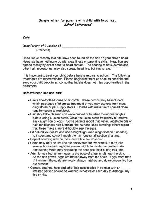 Sample Letter For Parents With Child With Head Lice Printable pdf