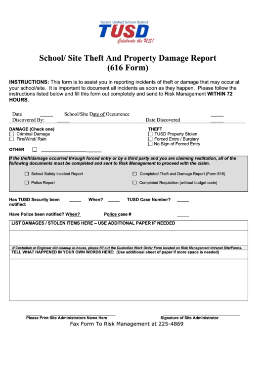Fillable School/site Theft And Property Damage Report (616 Form) Printable pdf