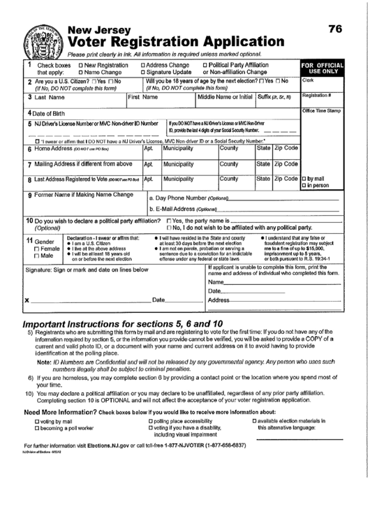 Voter Registration Application - New Jersey Printable pdf