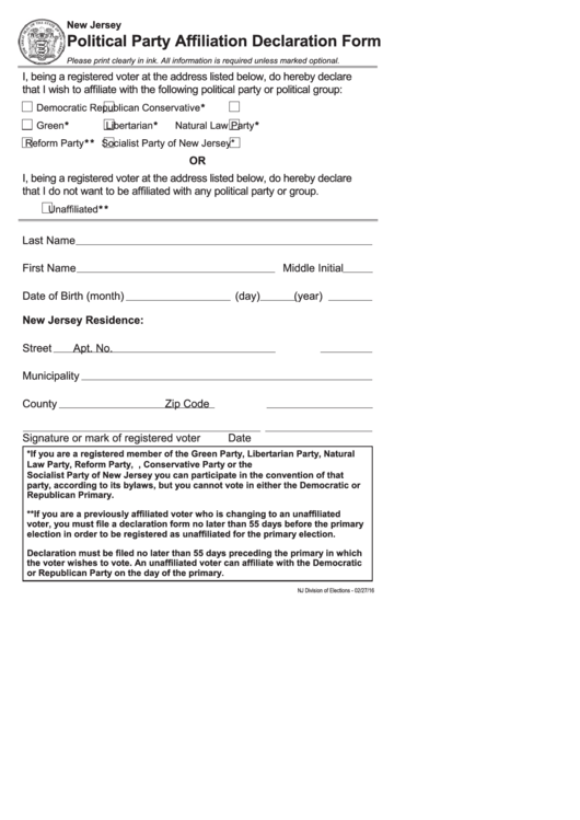 Fillable Political Party Affiliation Declaration Form - New Jersey Printable pdf