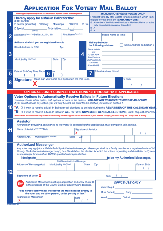 Application For Vote By Mail Ballot - Hackensack, Nj Printable pdf