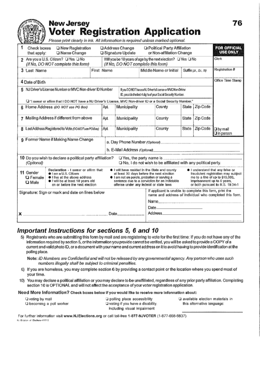 Voter Registration Application - New Jersey Printable pdf