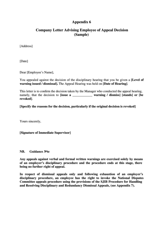 Company Letter Advising Employee Of Appeal Decision (Sample) Printable pdf