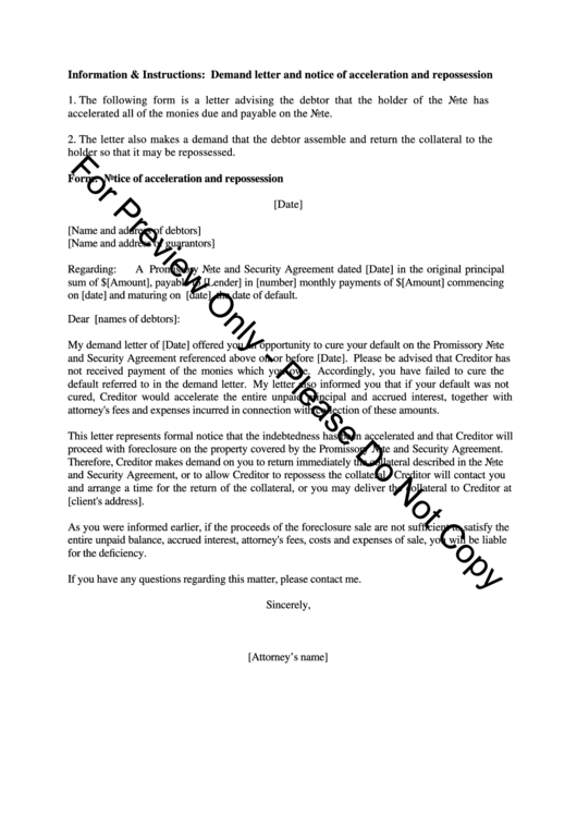 Sample Demand Letter And Notice Of Acceleration And Repossession Printable pdf