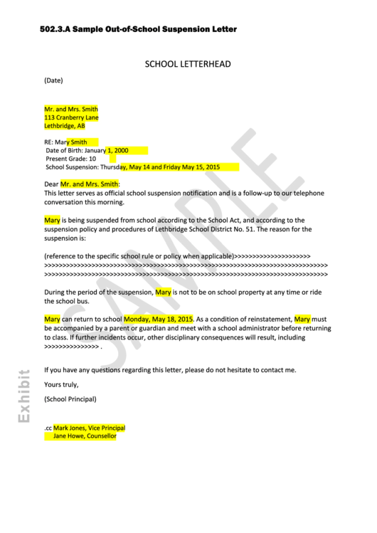 Sample OutOfSchool Suspension Letter Template printable pdf download