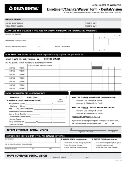 Fillable Enrollment/change/waiver Form - Dental/vision Printable pdf