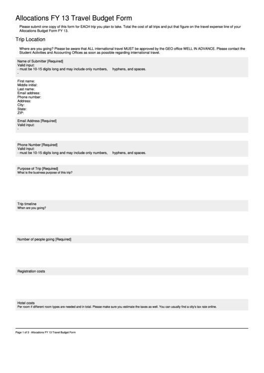 Sample Travel Budget Form Printable pdf
