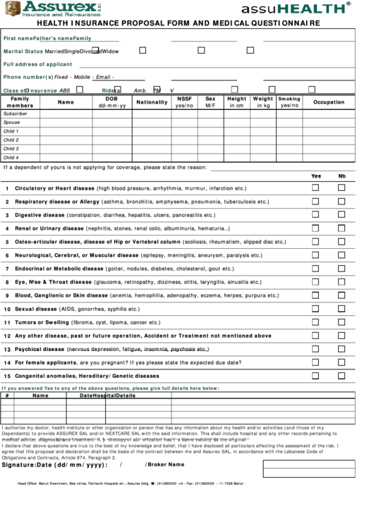 Health Insurance Proposal Form And Medical Questionnaire Printable pdf