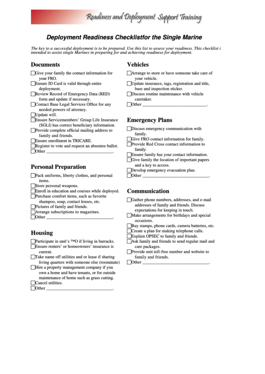Deployment Readiness Checklist For The Single Marine Printable pdf