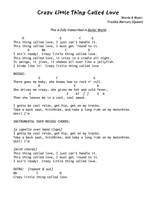 Crazy Little Thing Called Love - Words & Music: Freddie Mercury (Queen) Printable pdf
