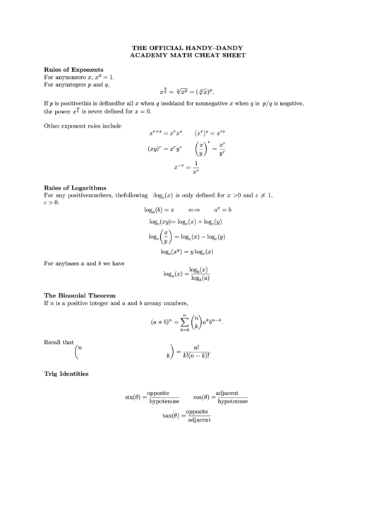 The Official Handy-Dandy Academy Math Cheat Sheet Printable pdf