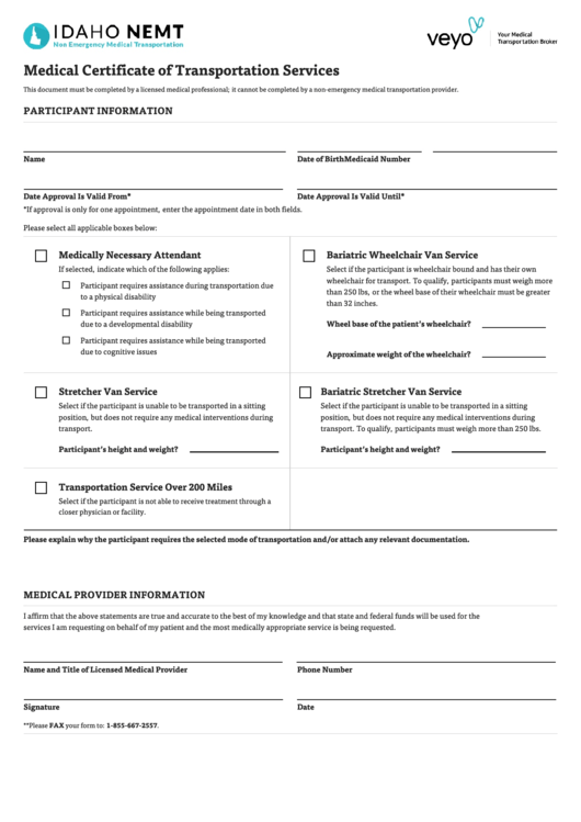 Medical Certificate Of Transportation Services Printable pdf