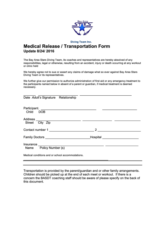 Medical Release/transportation Form Printable pdf