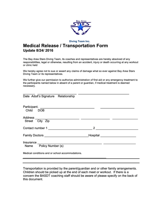 Medical Release transportation Form Printable Pdf Download