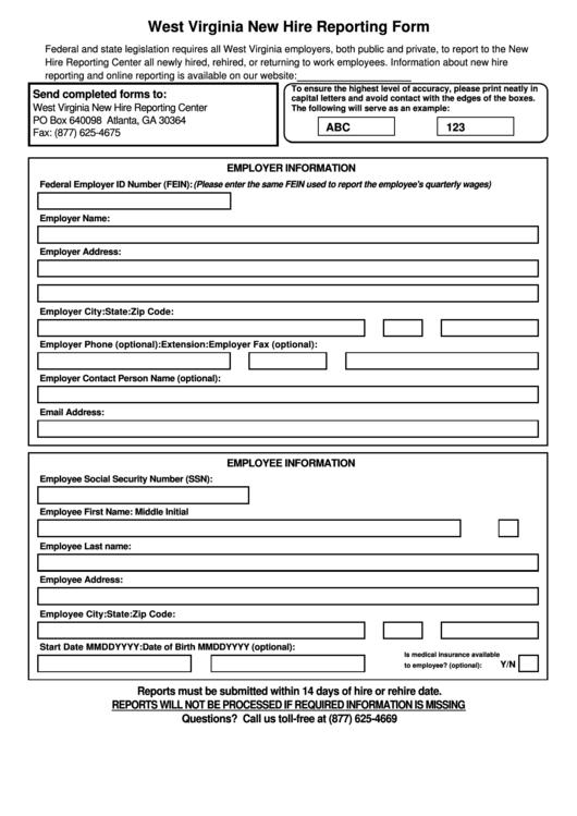 West Virginia New Hire Reporting Form Printable pdf