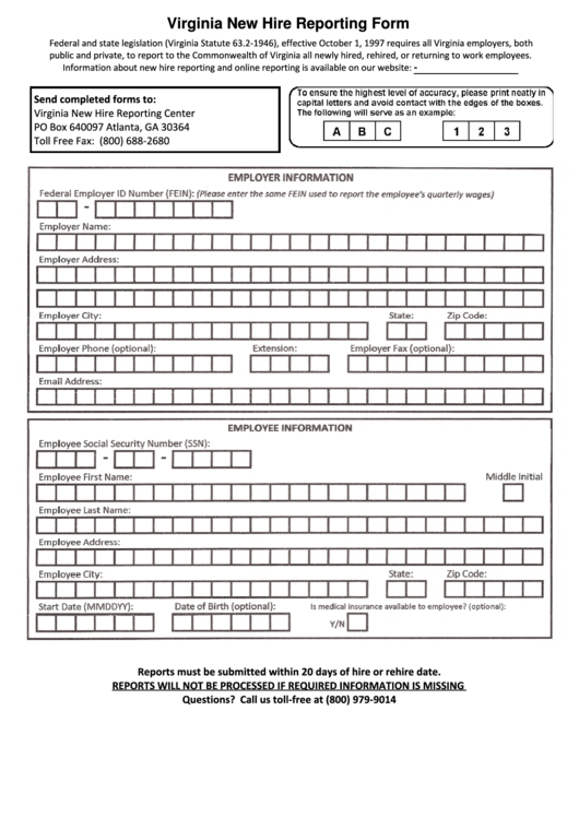 Virginia New Hire Reporting Form Printable pdf
