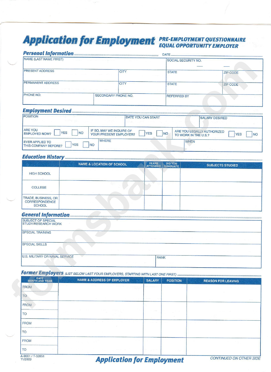 Application For Employment: Pre-Employment Questionnaire