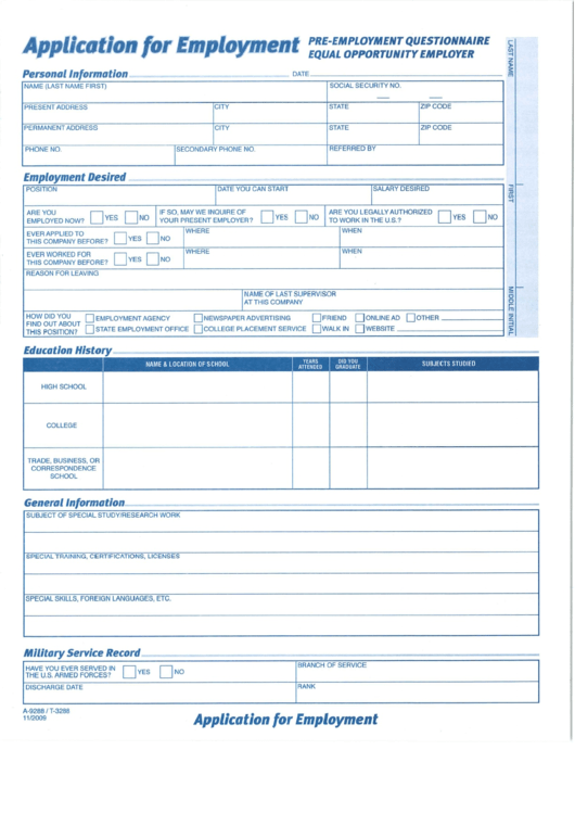 Application For Employment: Pre-Employment Questionnaire Template Printable pdf
