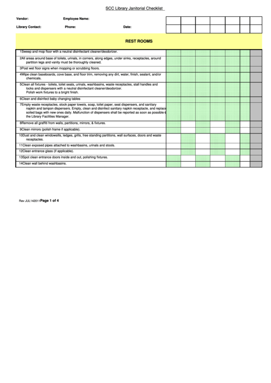 Scc Library Janitorial Checklist Template