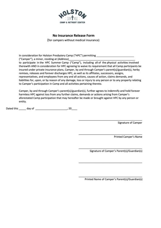 No Insurance Release Form Printable pdf