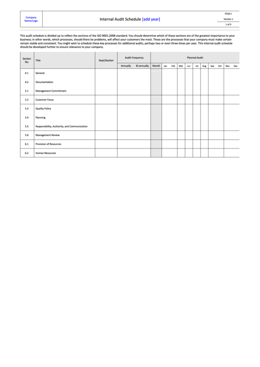 Form F018-1 - Internal Audit Schedule Template Printable pdf
