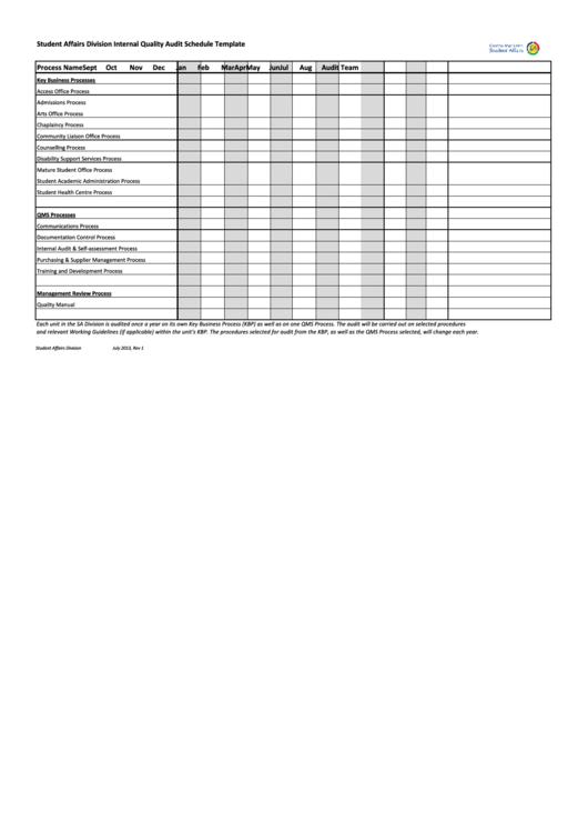 Student Affairs Division Internal Quality Audit Schedule Template Printable pdf