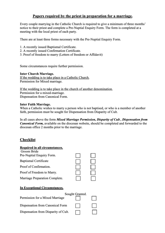 Papers Required By The Priest In Preparation For A Marriage - Kilmore Diocese Printable pdf