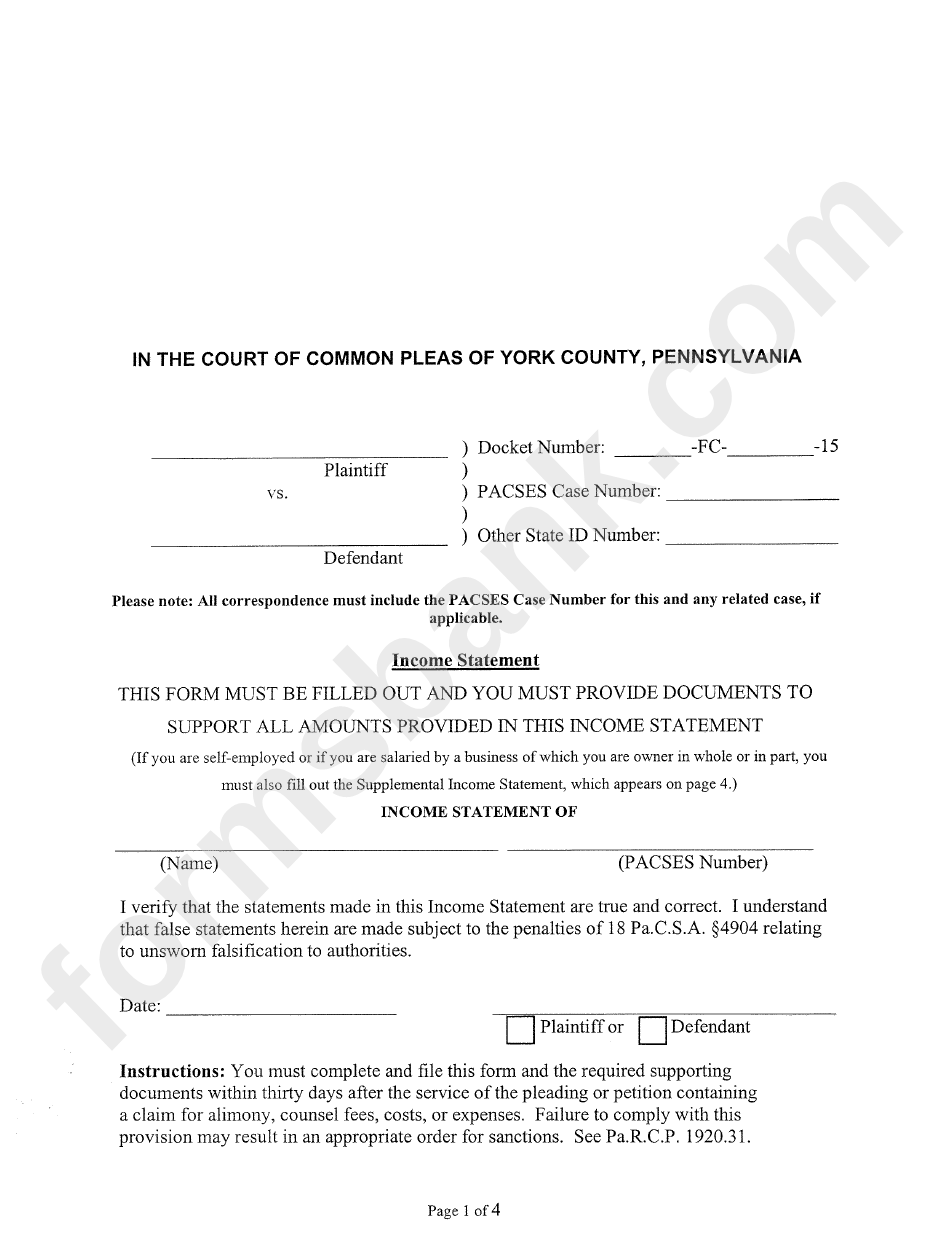 Income Statement - Court Of Common Pleas Of York County, Pennsylvania