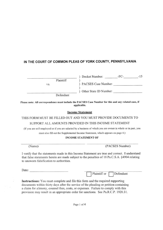 Income Statement - Court Of Common Pleas Of York County, Pennsylvania Printable pdf
