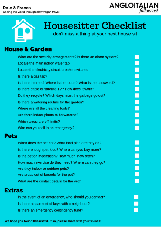 Housesitter Checklist Template Printable pdf