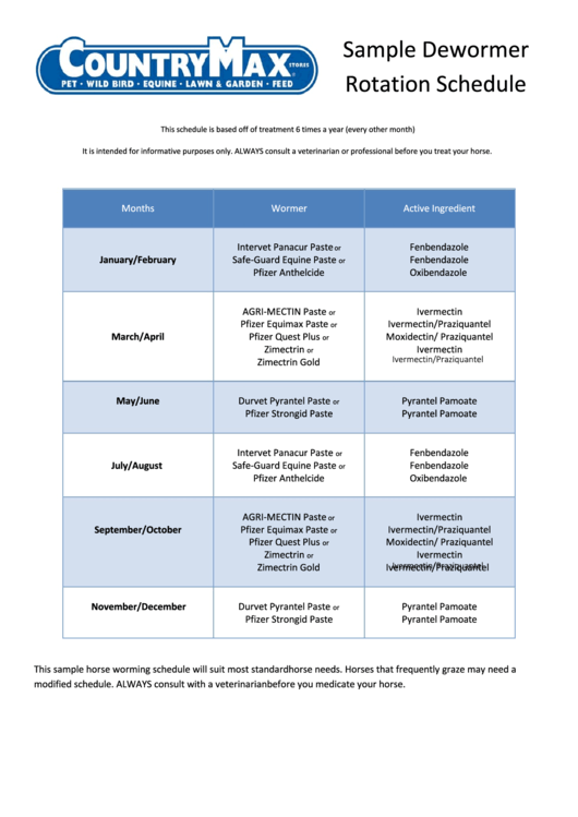 Sample Dewormer Rotation Schedule Printable pdf