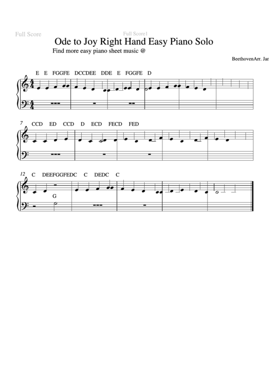 Ode To Joy - Beethoven (Right Hand) Easy Piano Sheet Music Printable pdf