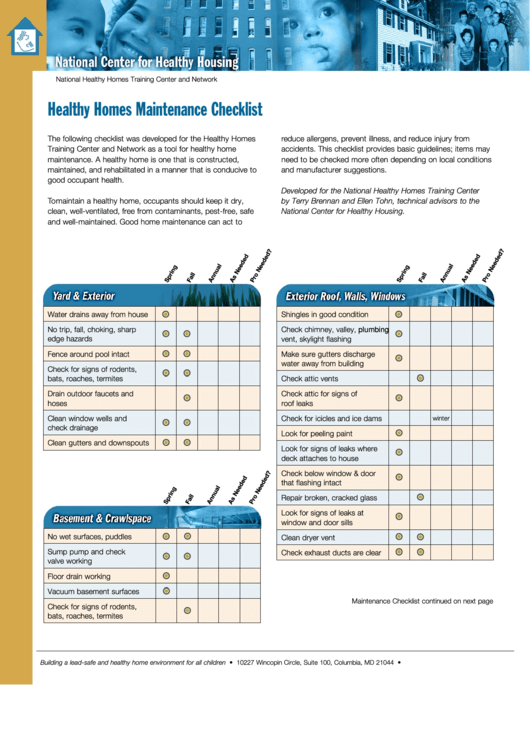 Healthy Homes Maintenance Checklist Template Printable pdf