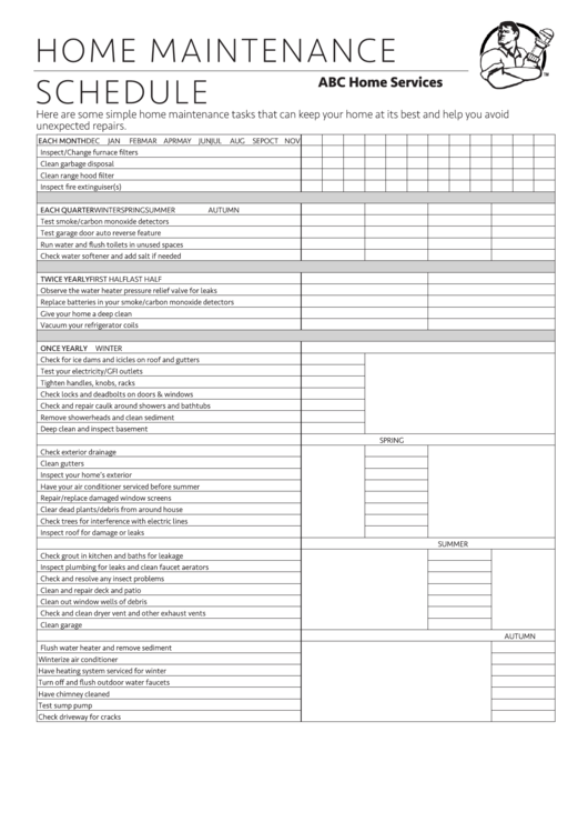 Home Maintenance Schedule Template Printable pdf
