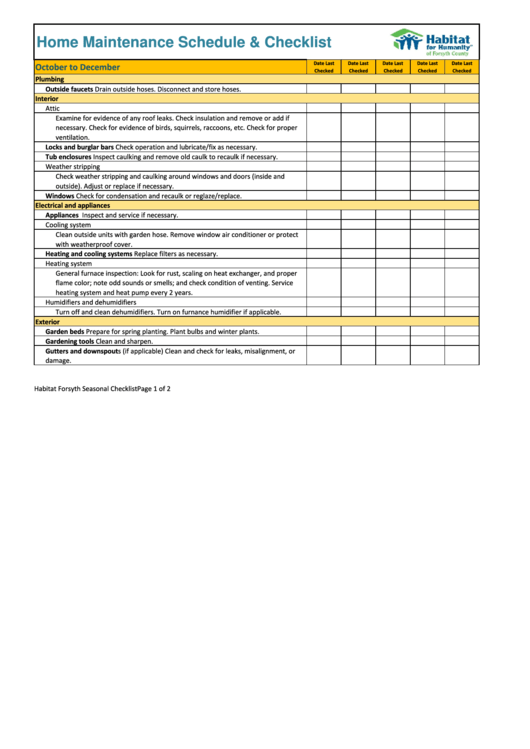 Home Maintenance Schedule & Checklist Template Printable pdf