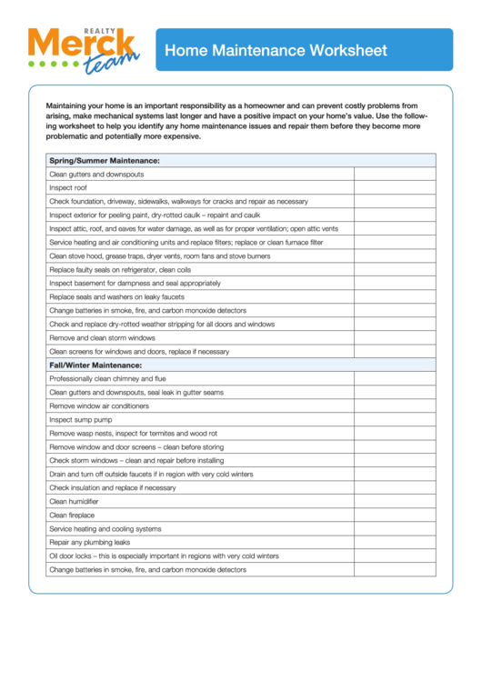 Home Maintenance Worksheet Template Printable pdf