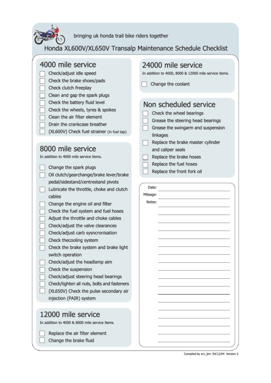 Honda Xl600v/xl650v Transalp Maintenance Schedule Checklist Printable pdf