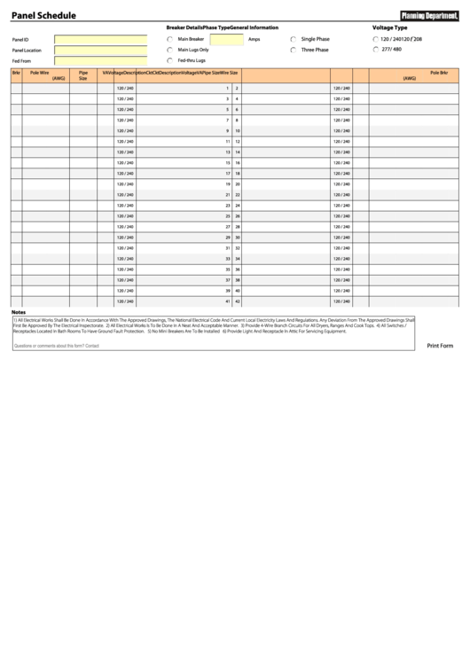 Fillable Electrical Panel Schedule Template Printable pdf