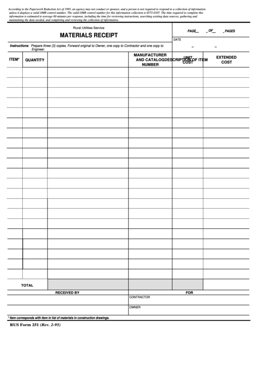 Fillable Rus Form 251 - Materials Receipt Printable pdf