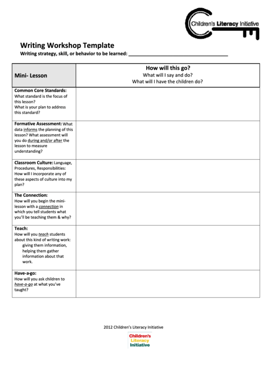Writing Workshop Planning Template