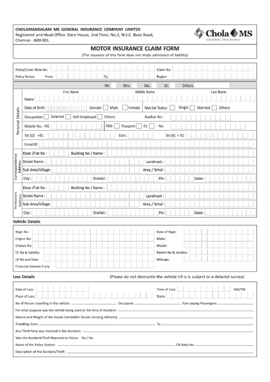 Motor Insurance Claim Form Printable pdf