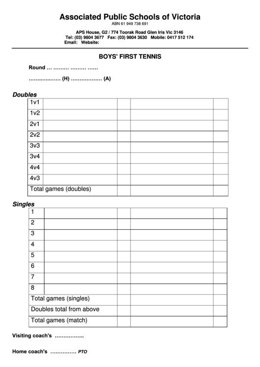 Boys' First Tennis Score Sheet