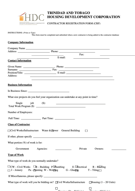Contractor Registration Form (crf) - Trinidad And Tobago Housing Development Corporation