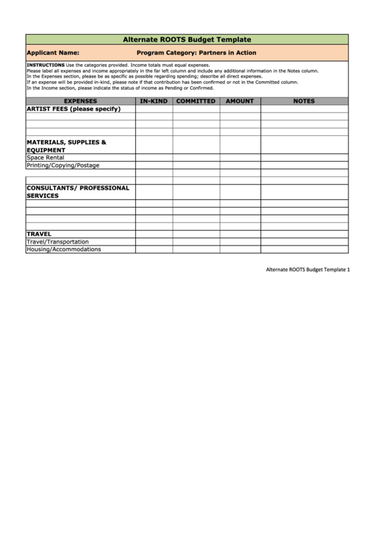 Alternate Roots Budget Template Printable pdf